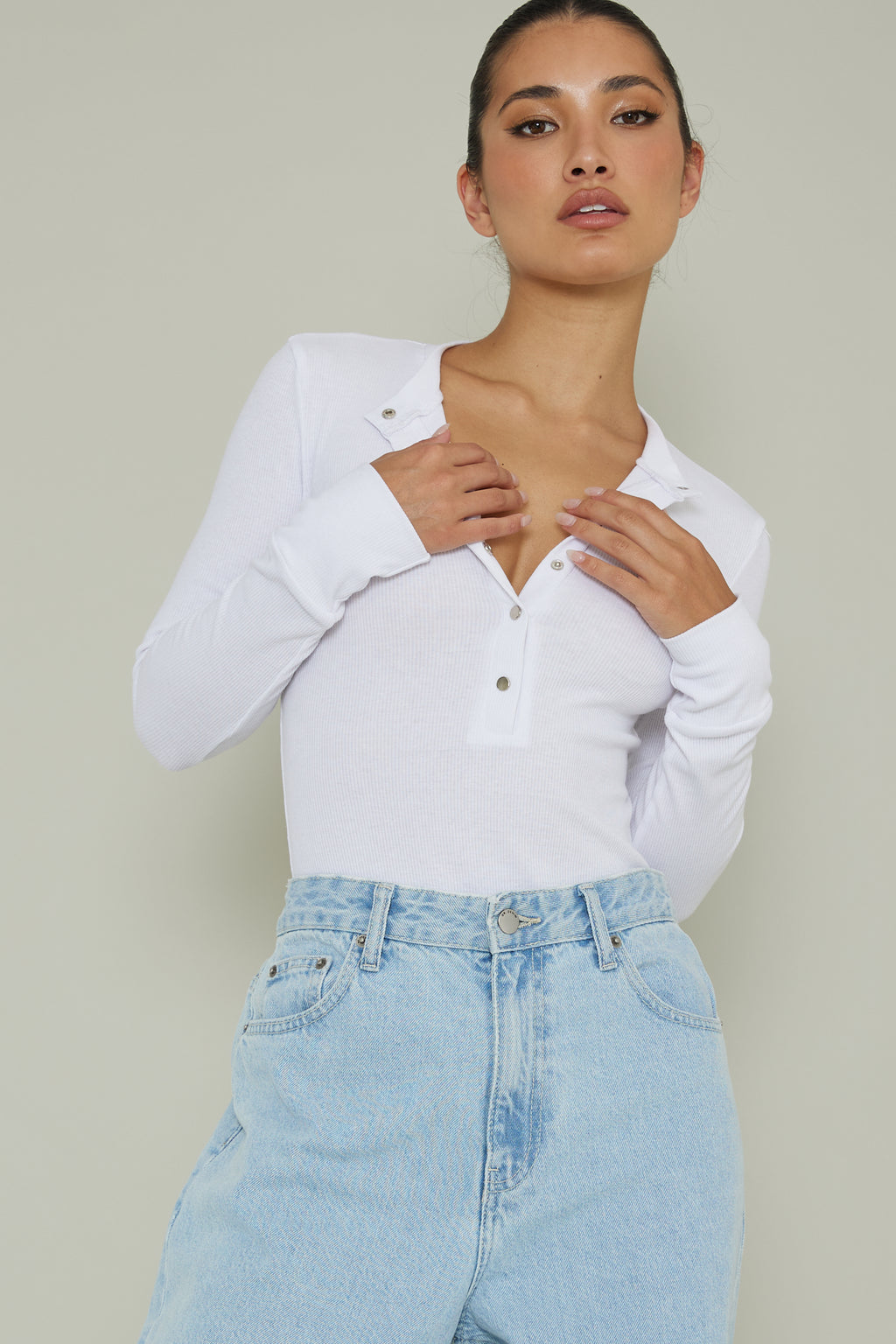 Henley Snap Front Bodysuit White by Selfie Leslie Australia