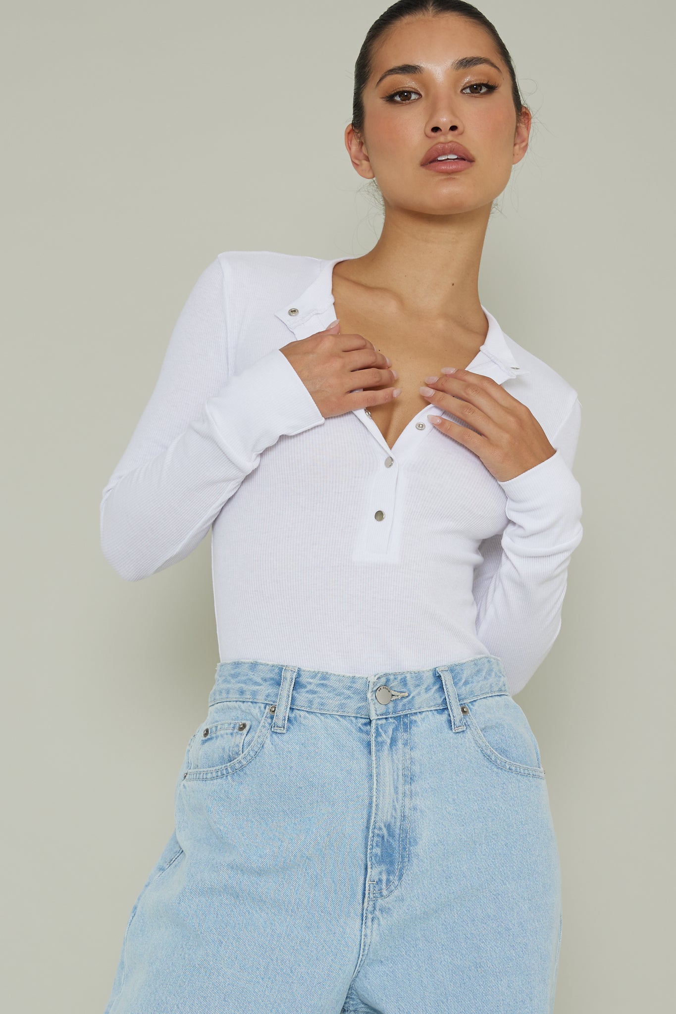 Henley Snap Front Bodysuit White by Selfie Leslie Australia