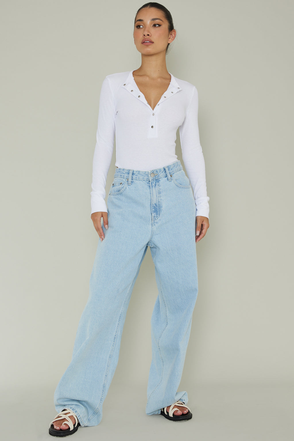 Henley Snap Front Bodysuit White by Selfie Leslie Australia