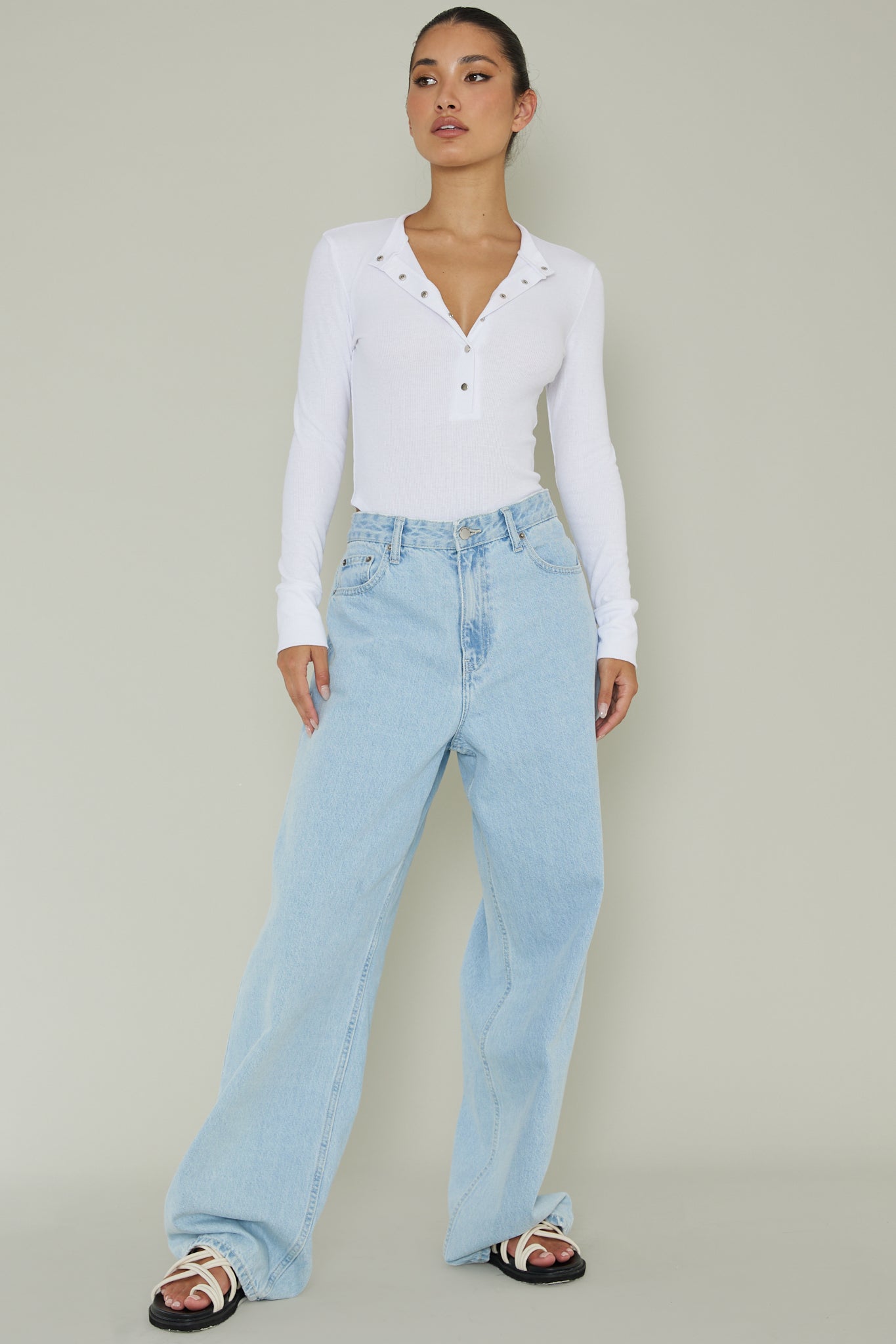 Henley Snap Front Bodysuit White by Selfie Leslie Australia