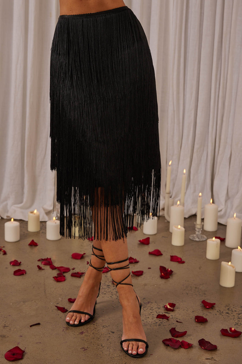 Golden Nights Tiered Fringe Midi Skirt Black by Selfie Leslie Australia