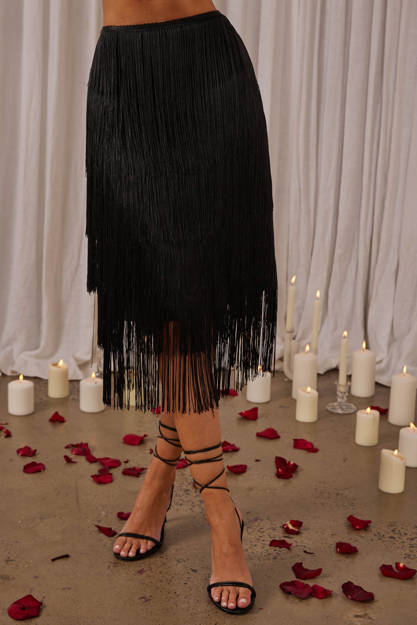 Golden Nights Tiered Fringe Midi Skirt Black by Selfie Leslie Australia