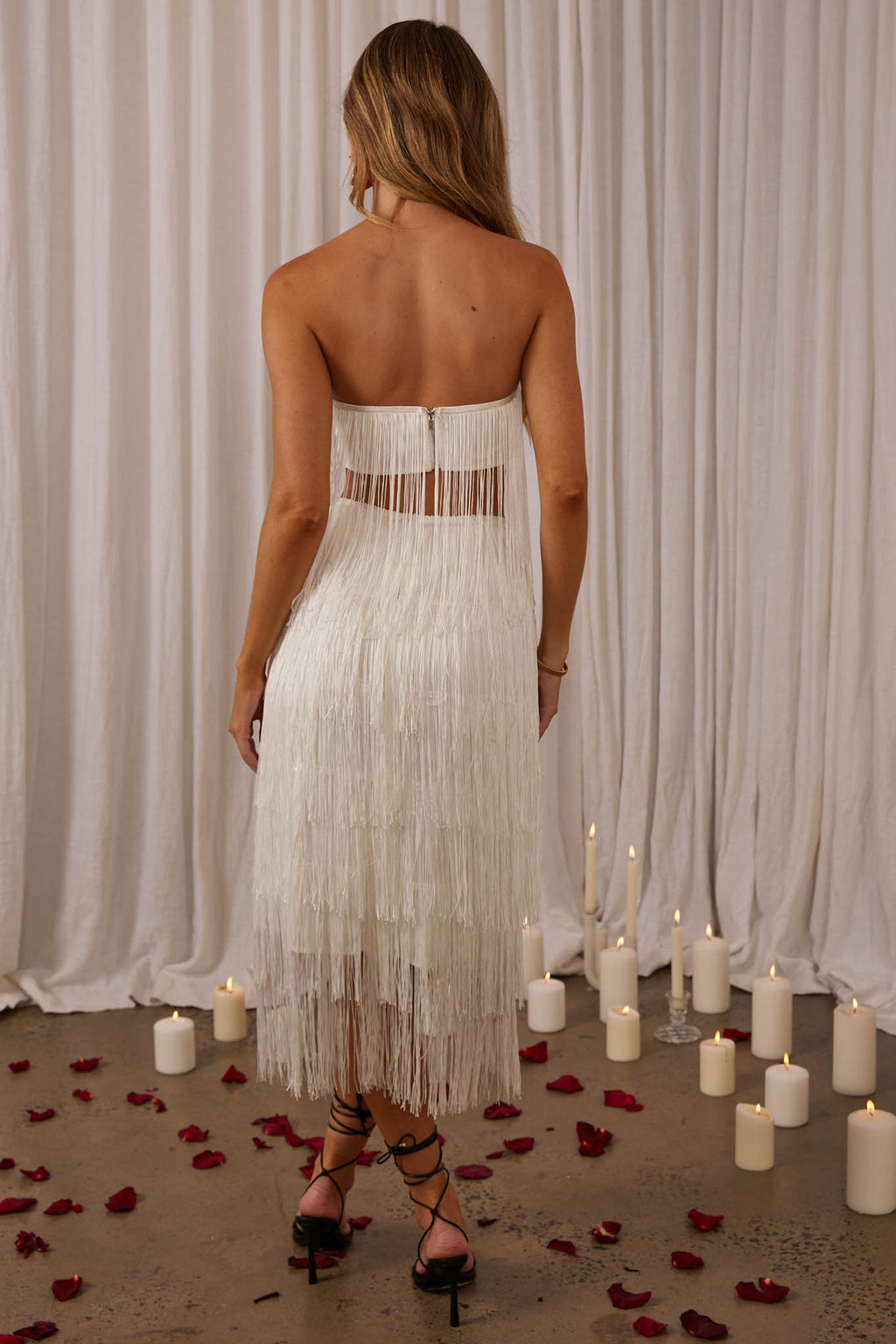 Golden Nights Tiered Fringe Midi Skirt White by Selfie Leslie Australia