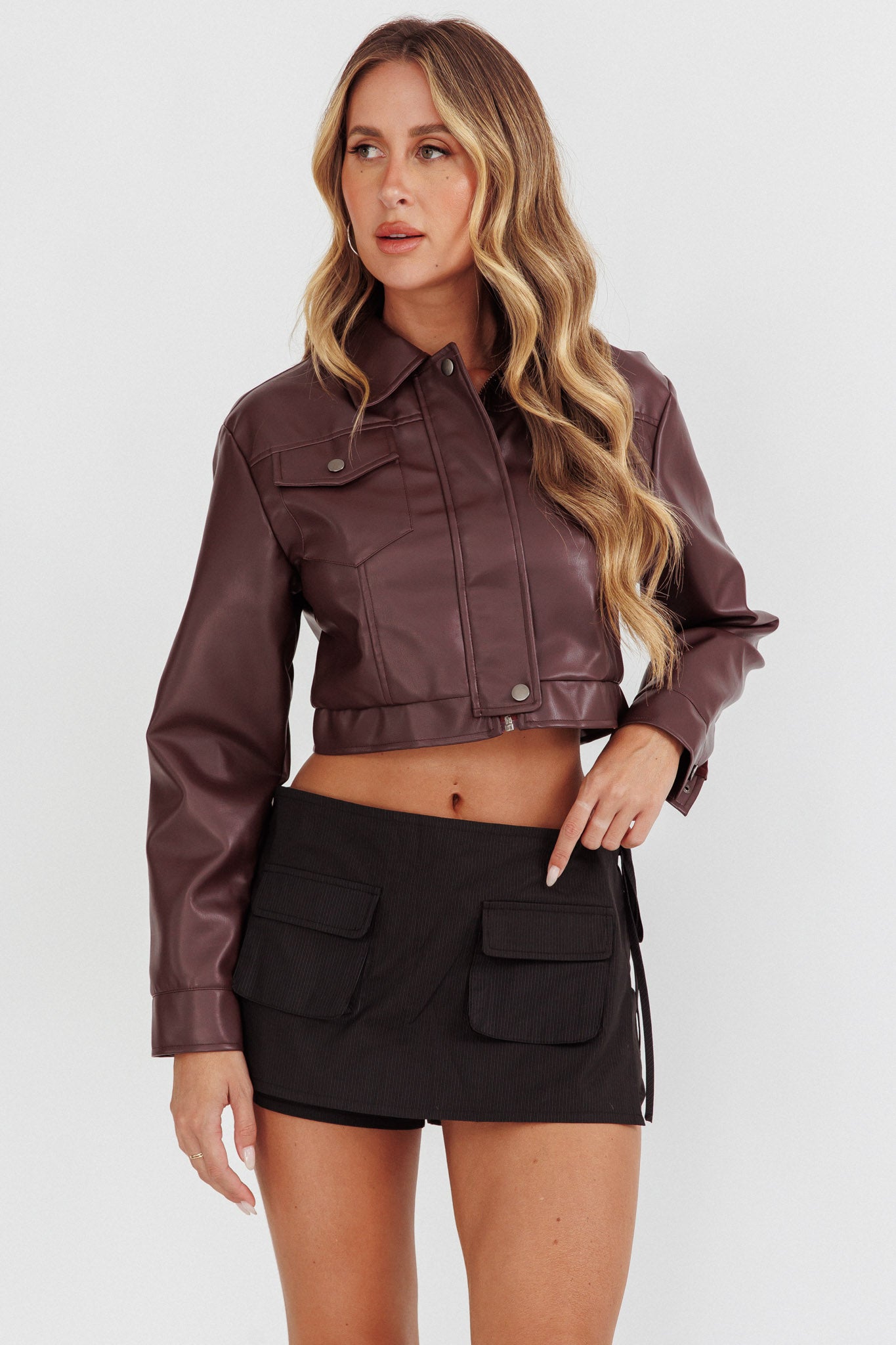 Shop the Navigator Snap Button Faux Leather Jacket Brown