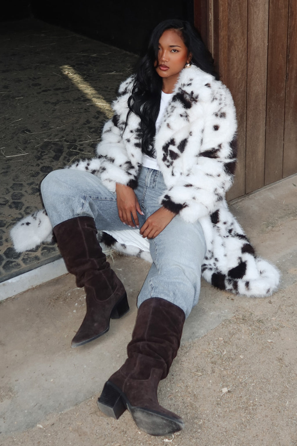 Morganne Faux Fur Waist Tie Coat Animal Print White/Brown by Selfie Leslie Australia