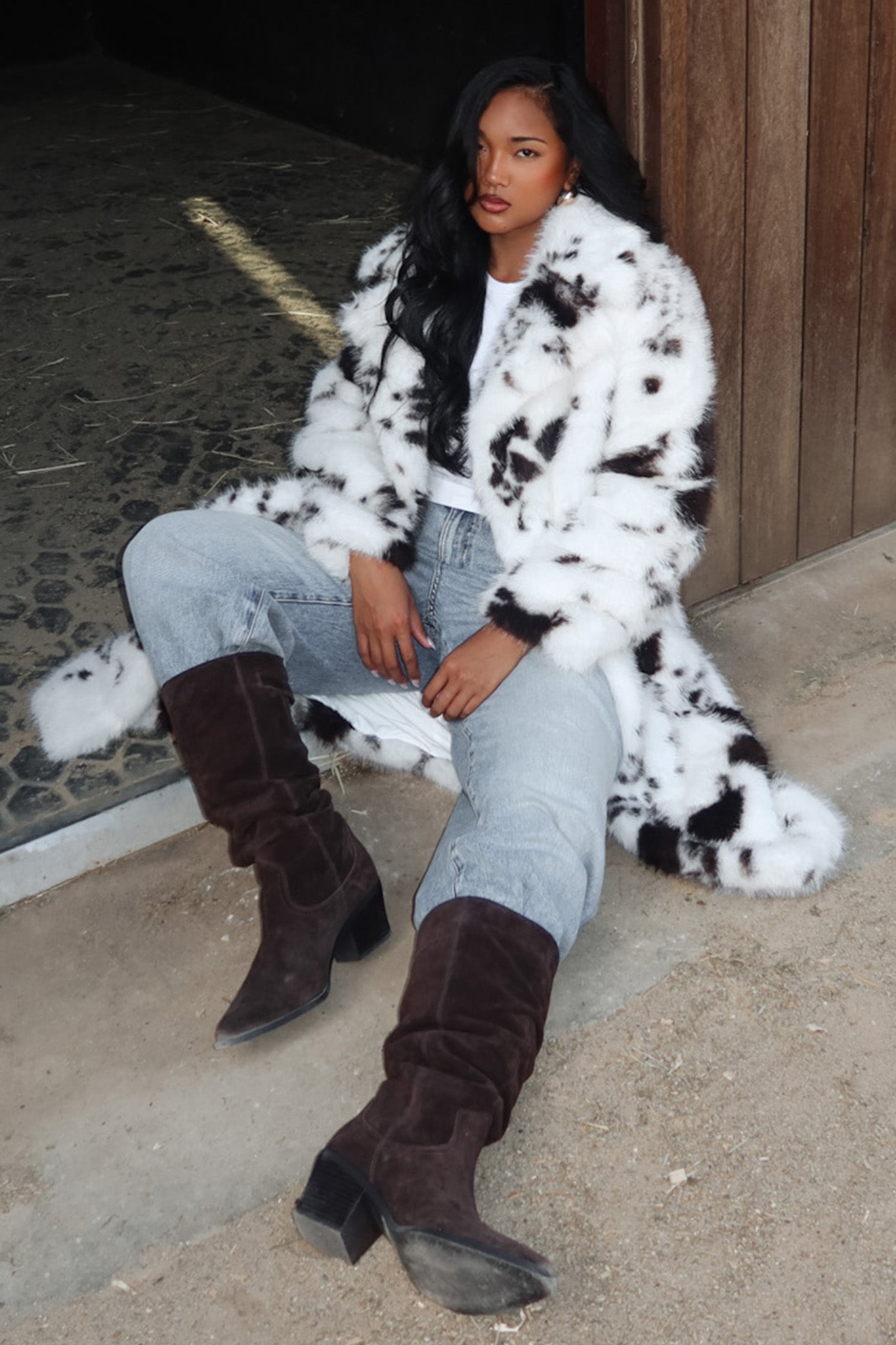 Morganne Faux Fur Waist Tie Coat Animal Print White/Brown by Selfie Leslie Australia