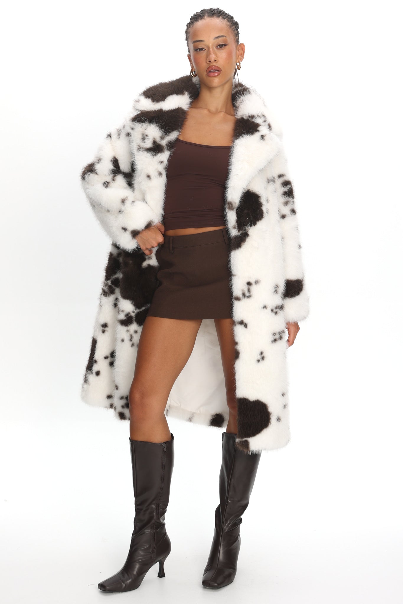 Morganne Faux Fur Waist Tie Coat Animal Print White/Brown by Selfie Leslie Australia
