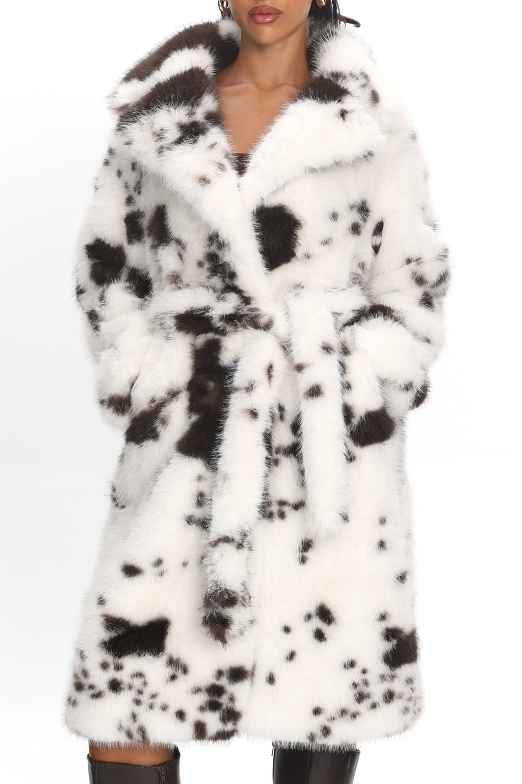 Morganne Faux Fur Waist Tie Coat Animal Print White/Brown by Selfie Leslie Australia