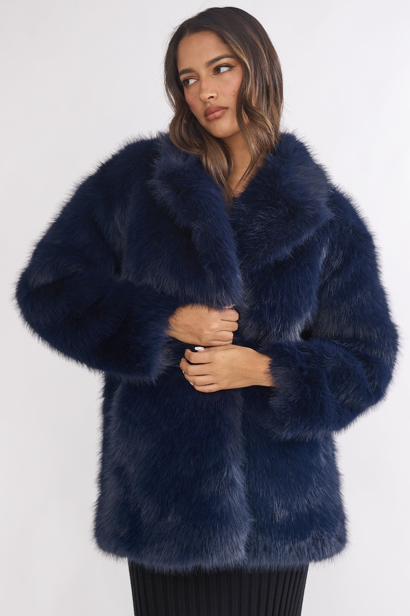 Rilani Faux Fur Pocket Coat Navy by Selfie Leslie Australia