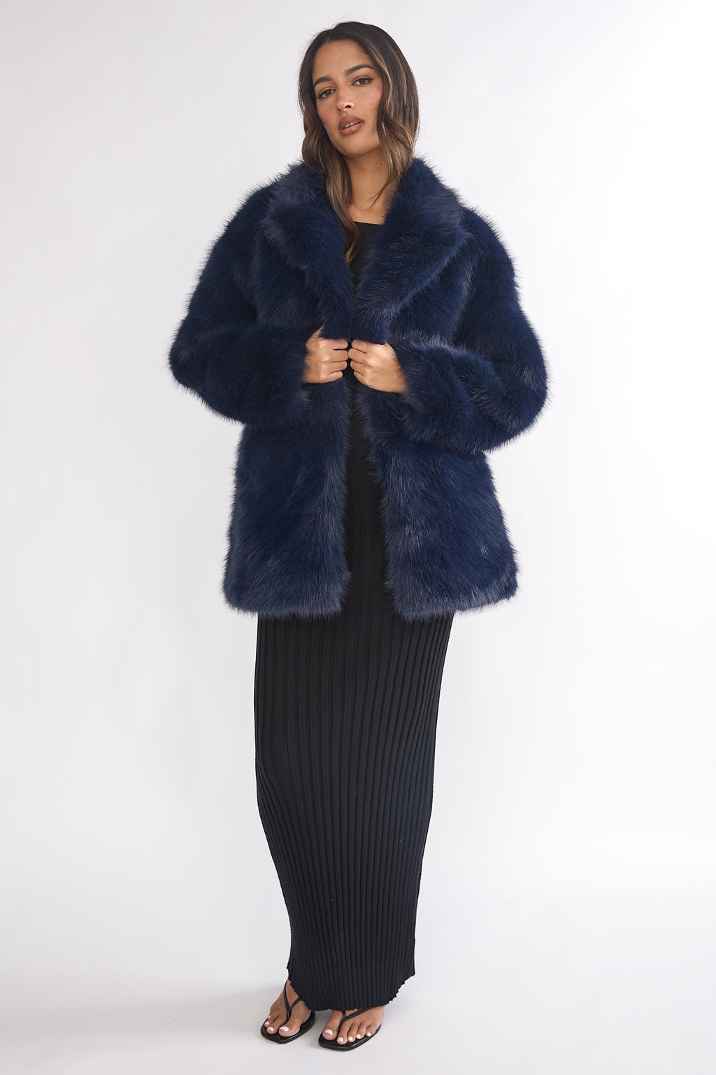 Rilani Faux Fur Pocket Coat Navy by Selfie Leslie Australia