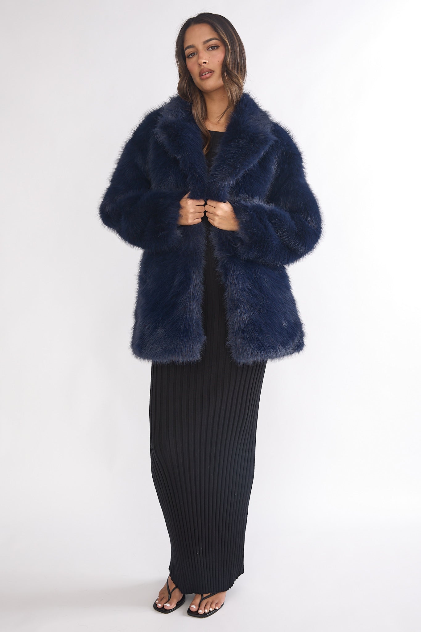 Rilani Faux Fur Pocket Coat Navy by Selfie Leslie Australia