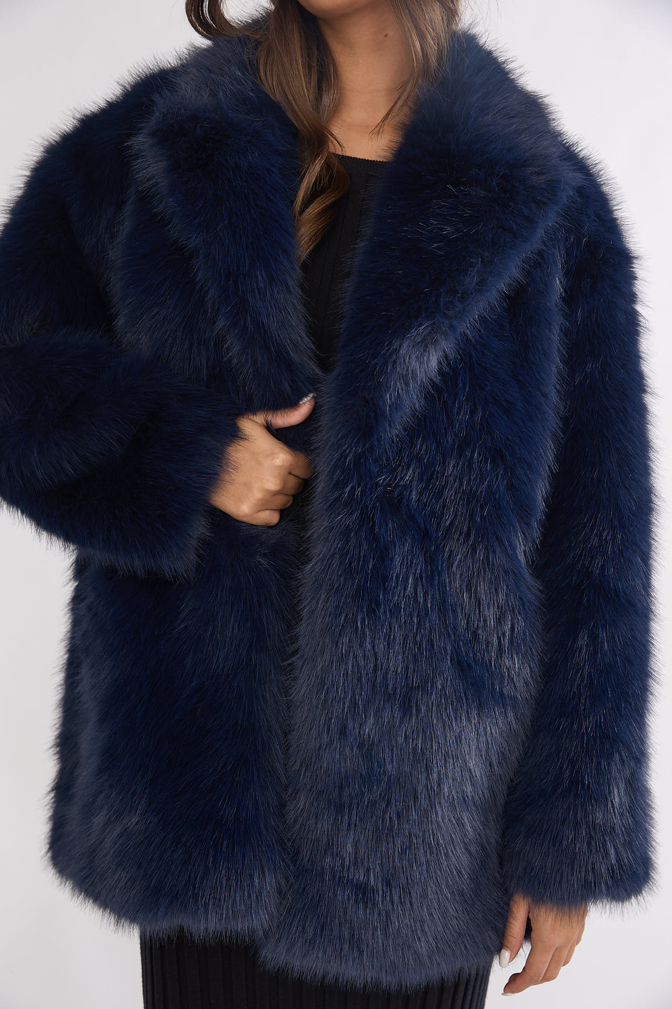 Rilani Faux Fur Pocket Coat Navy by Selfie Leslie Australia