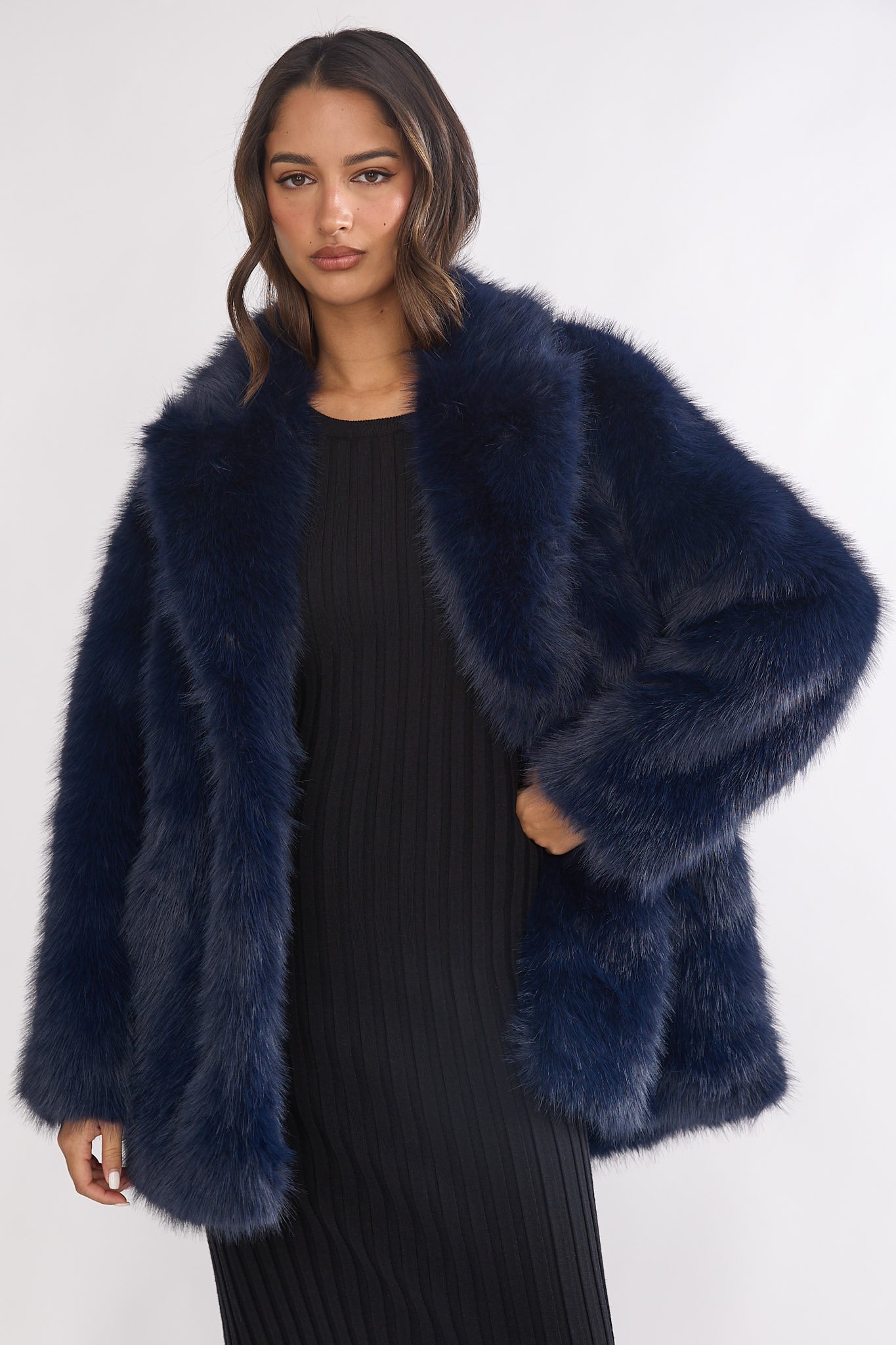 Rilani Faux Fur Pocket Coat Navy by Selfie Leslie Australia