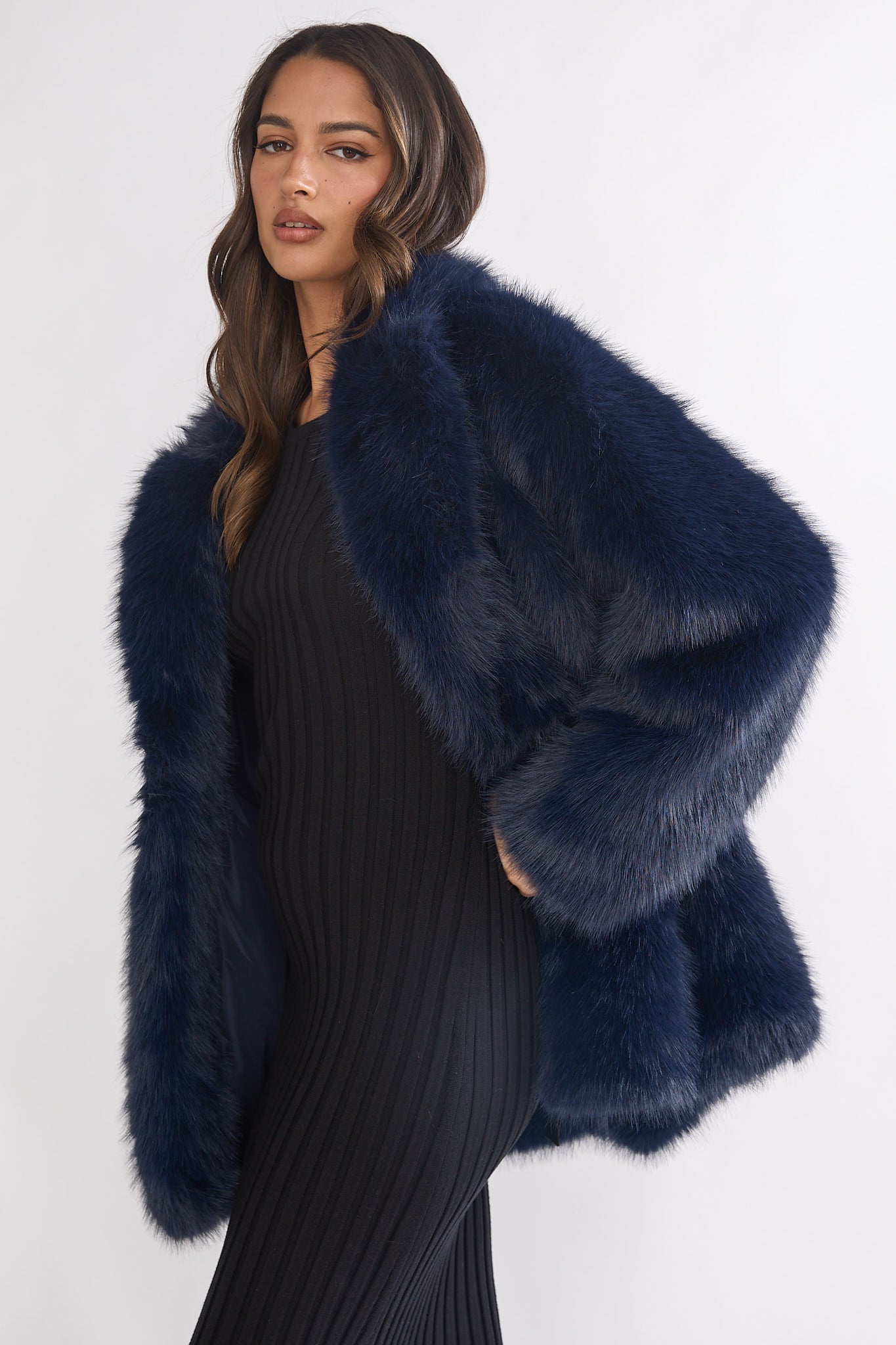 Rilani Faux Fur Pocket Coat Navy by Selfie Leslie Australia