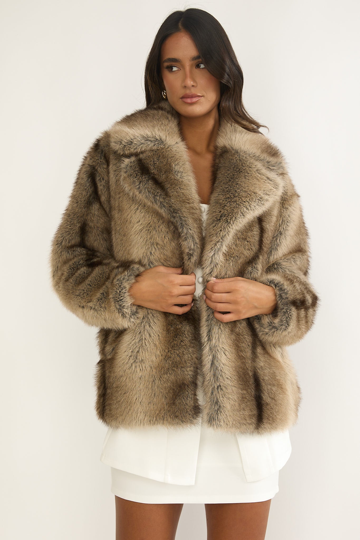 Soraya Notch Lapel Faux Fur Coat Brown by Selfie Leslie Australia