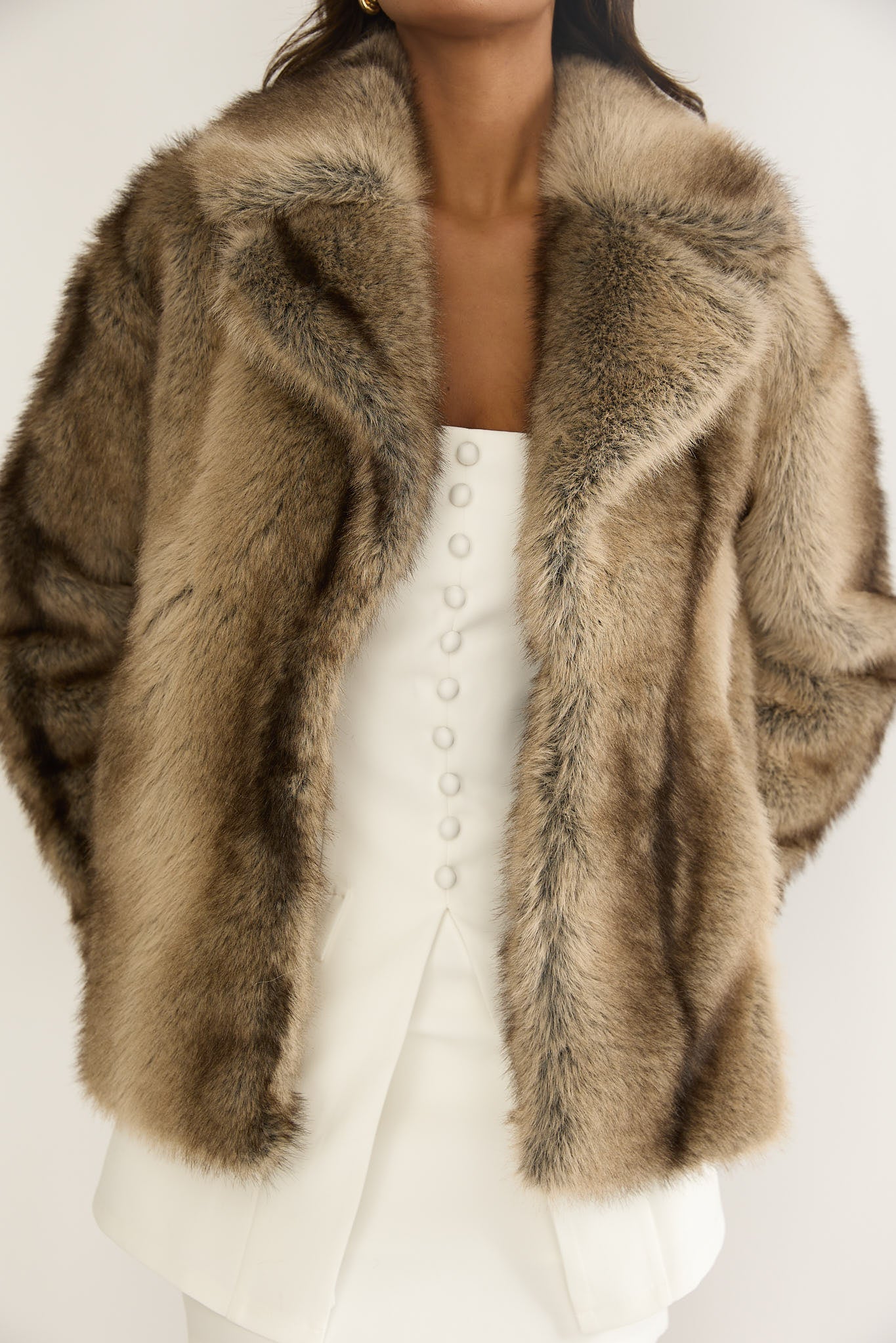 Soraya Notch Lapel Faux Fur Coat Brown by Selfie Leslie Australia