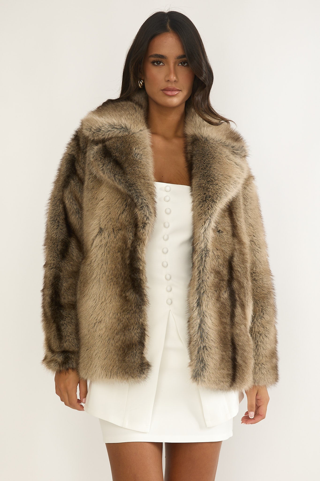 Soraya Notch Lapel Faux Fur Coat Brown by Selfie Leslie Australia