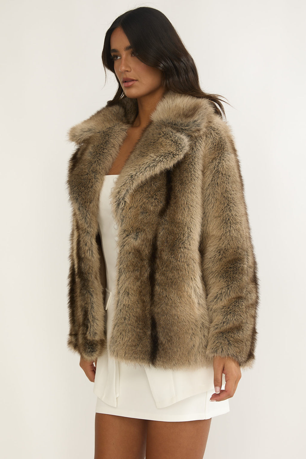 Soraya Notch Lapel Faux Fur Coat Brown by Selfie Leslie Australia