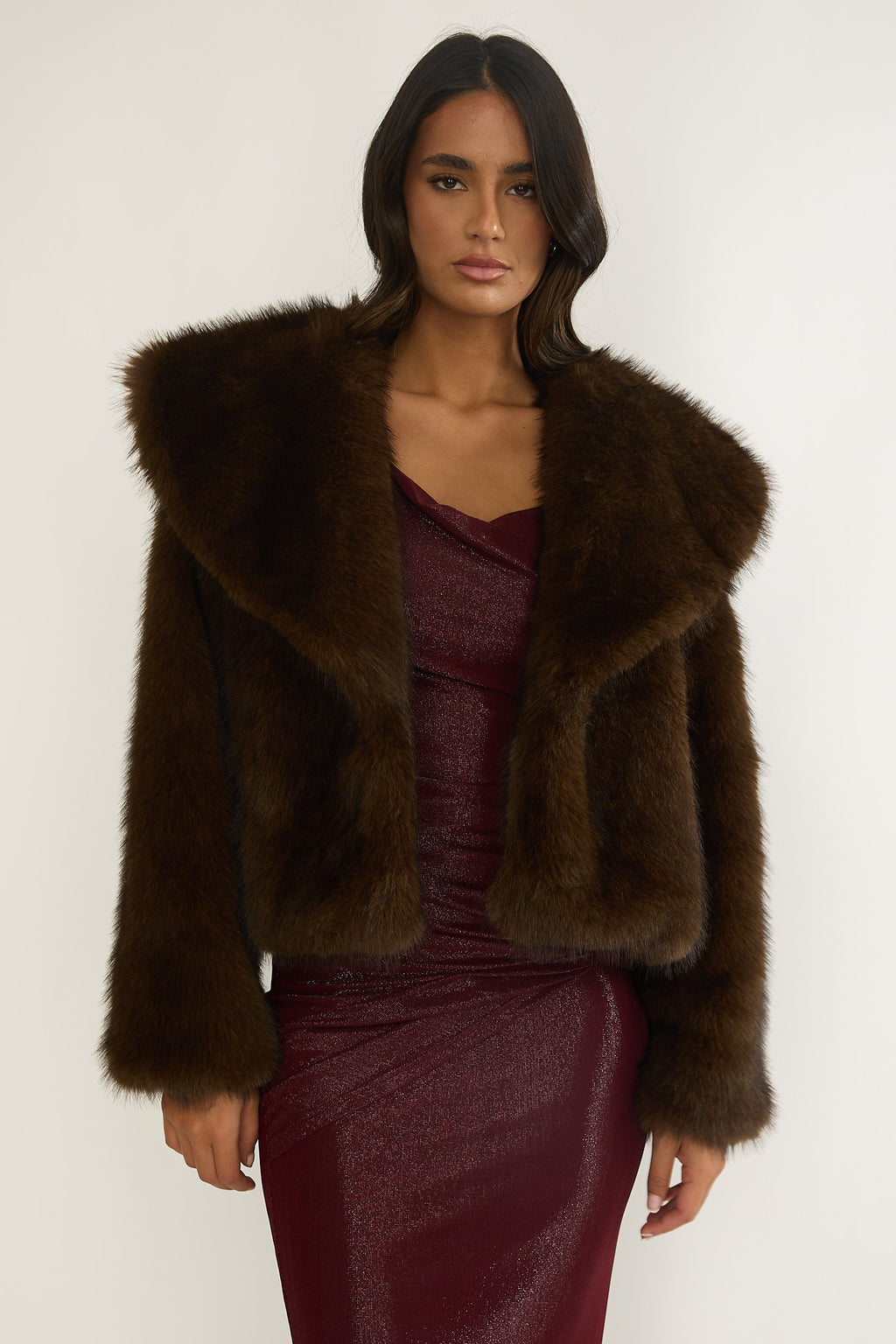 Marella Oversized Lapel Faux Fur Jacket Coffee by Selfie Leslie Australia