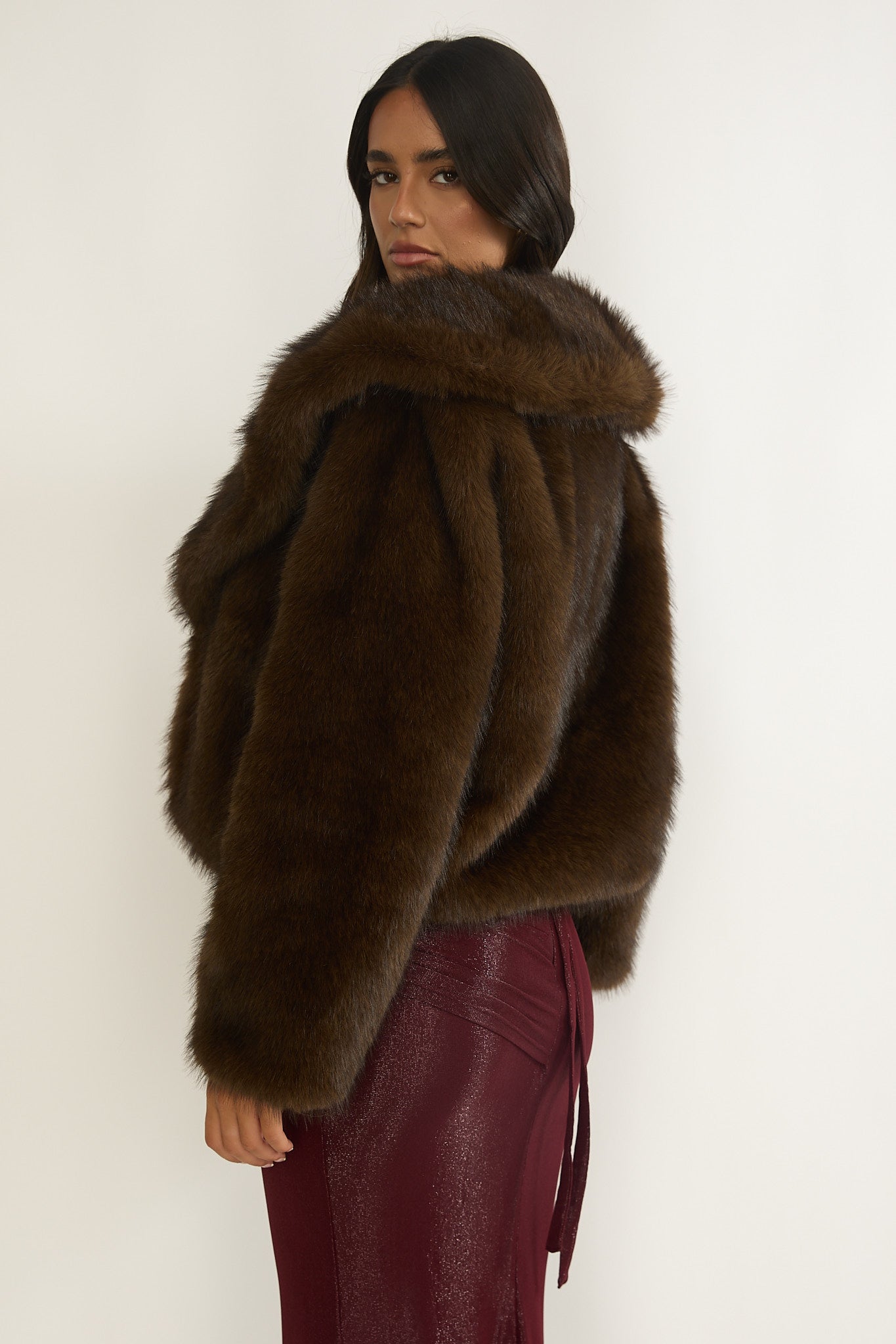 Marella Oversized Lapel Faux Fur Jacket Coffee by Selfie Leslie Australia
