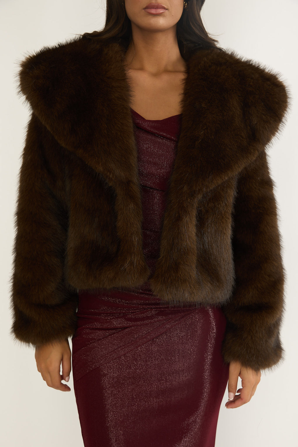 Marella Oversized Lapel Faux Fur Jacket Coffee by Selfie Leslie Australia