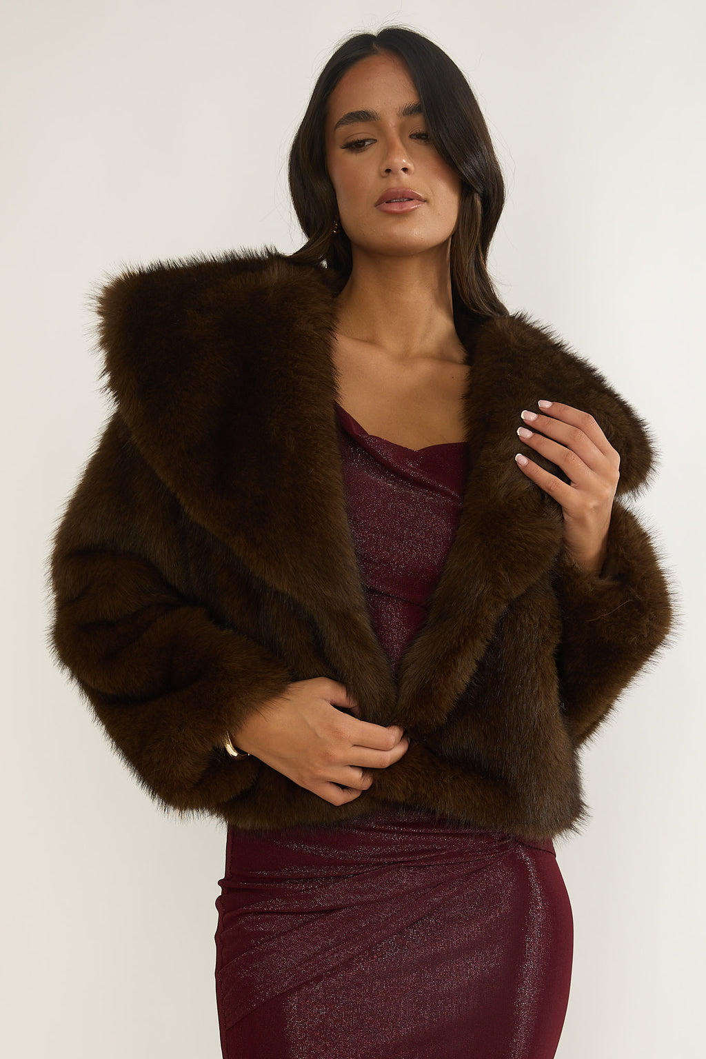 Marella Oversized Lapel Faux Fur Jacket Coffee by Selfie Leslie Australia