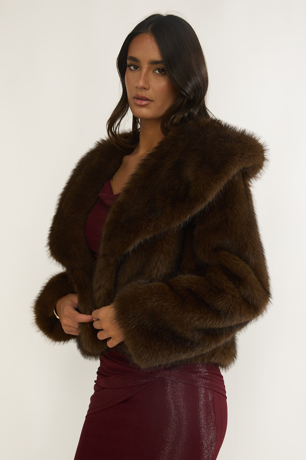 Marella Oversized Lapel Faux Fur Jacket Coffee by Selfie Leslie Australia