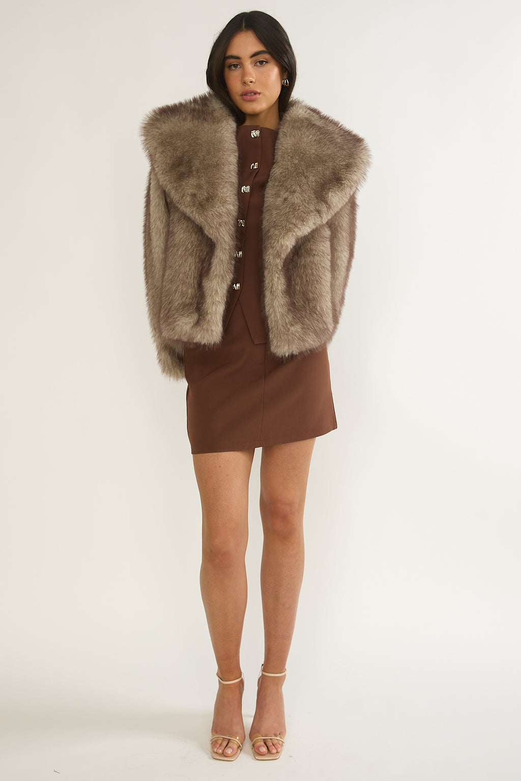 Marella Oversized Lapel Faux Fur Jacket Taupe by Selfie Leslie Australia