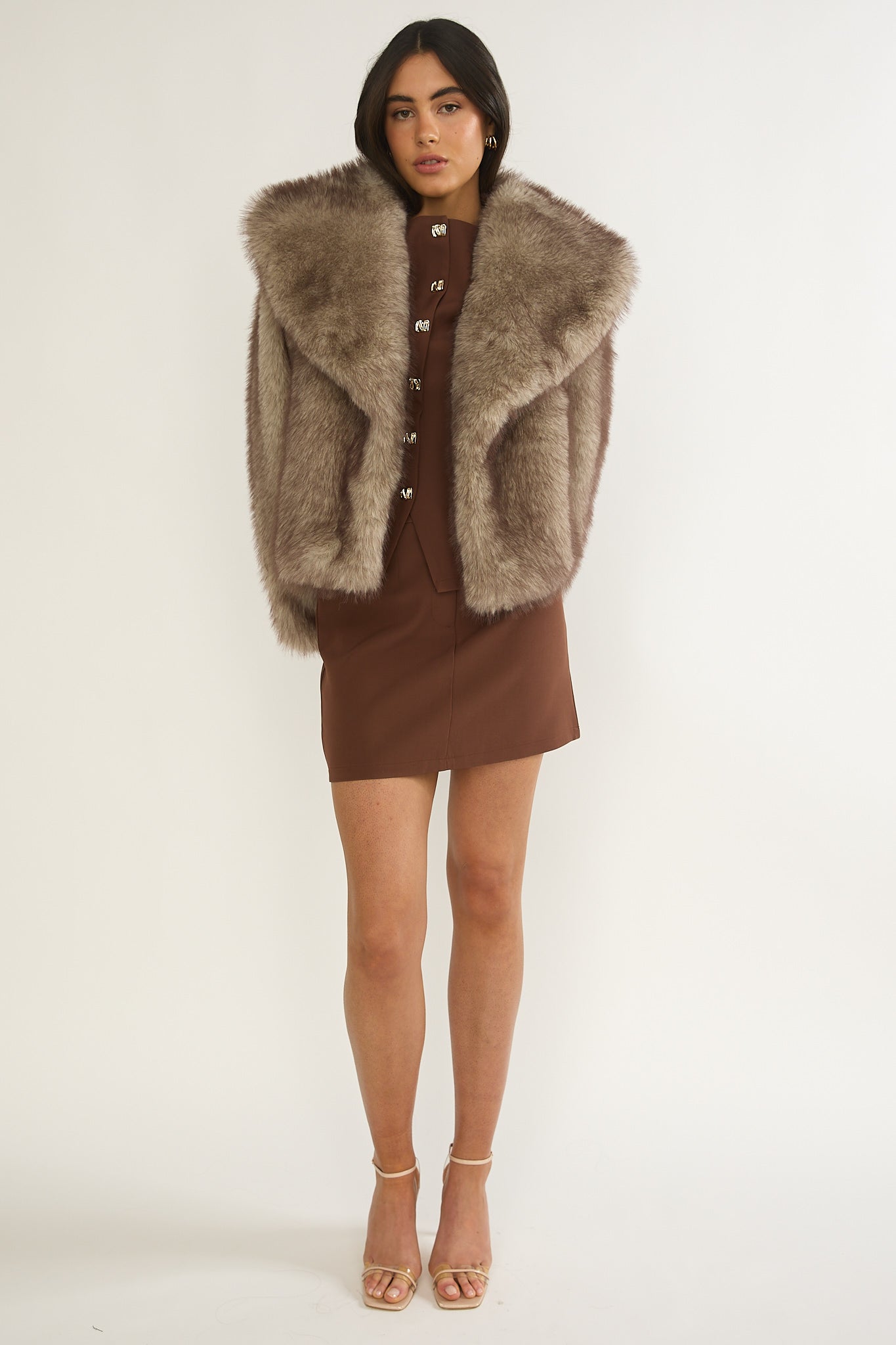 Marella Oversized Lapel Faux Fur Jacket Taupe by Selfie Leslie Australia