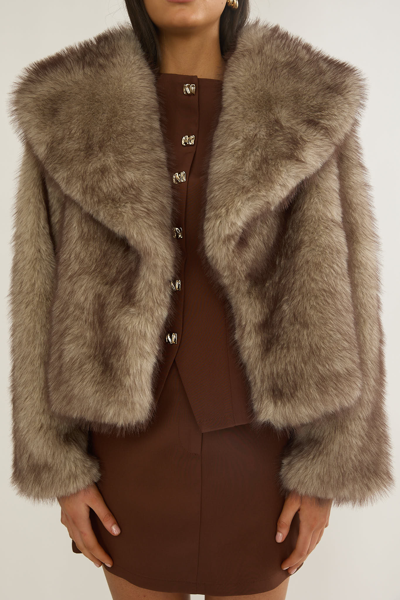 Marella Oversized Lapel Faux Fur Jacket Taupe by Selfie Leslie Australia