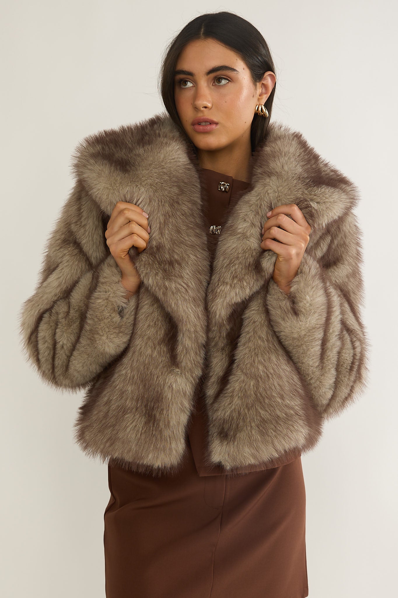 Marella Oversized Lapel Faux Fur Jacket Taupe by Selfie Leslie Australia