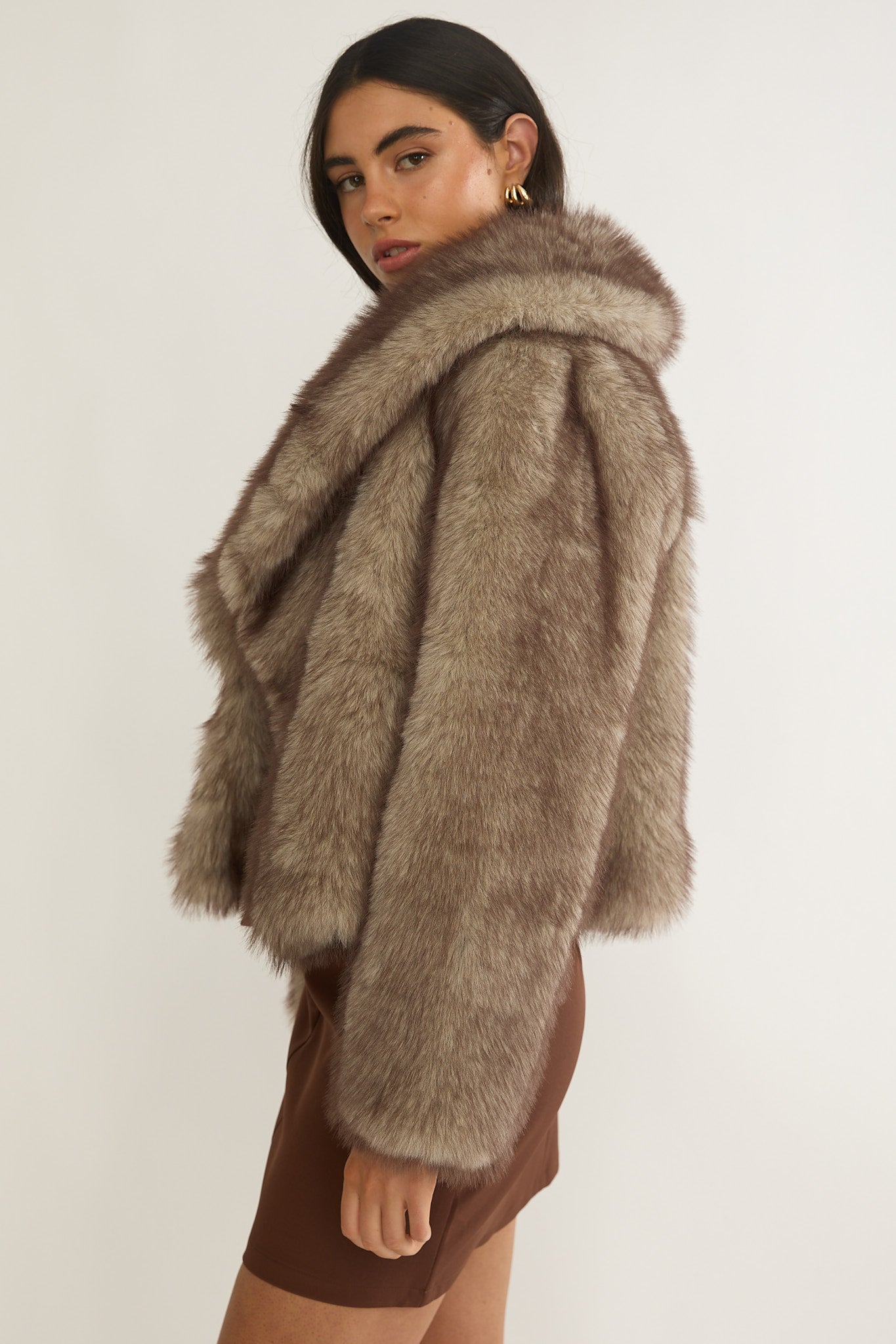 Marella Oversized Lapel Faux Fur Jacket Taupe by Selfie Leslie Australia