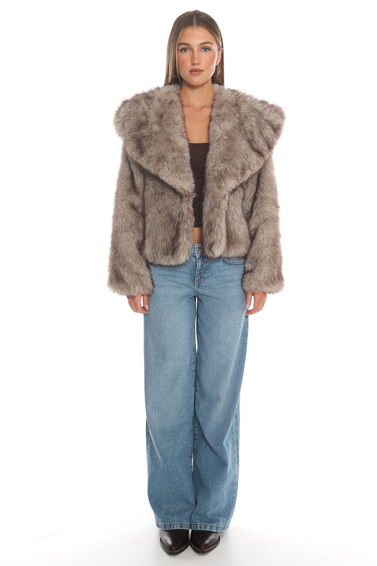 Marella Oversized Lapel Faux Fur Jacket Taupe by Selfie Leslie Australia