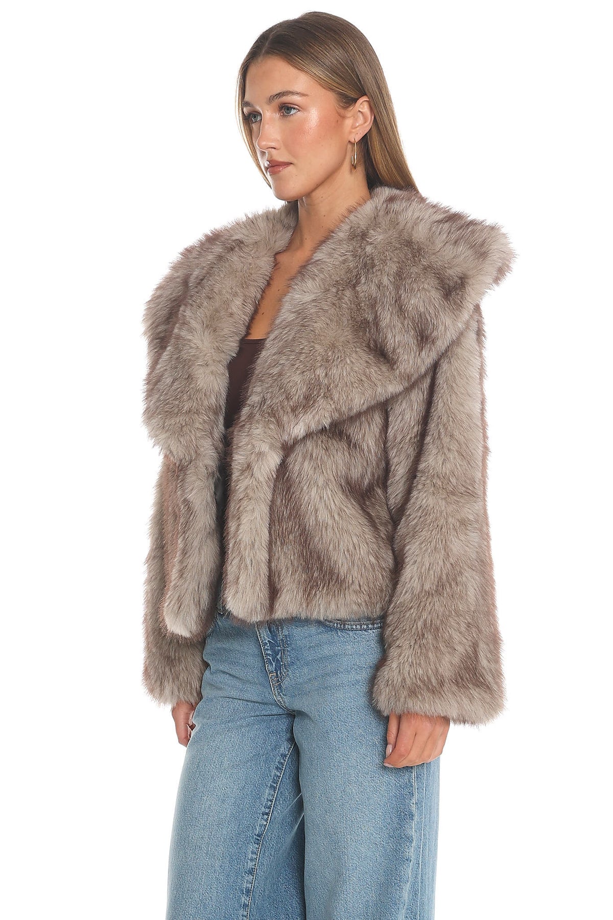 Marella Oversized Lapel Faux Fur Jacket Taupe by Selfie Leslie Australia