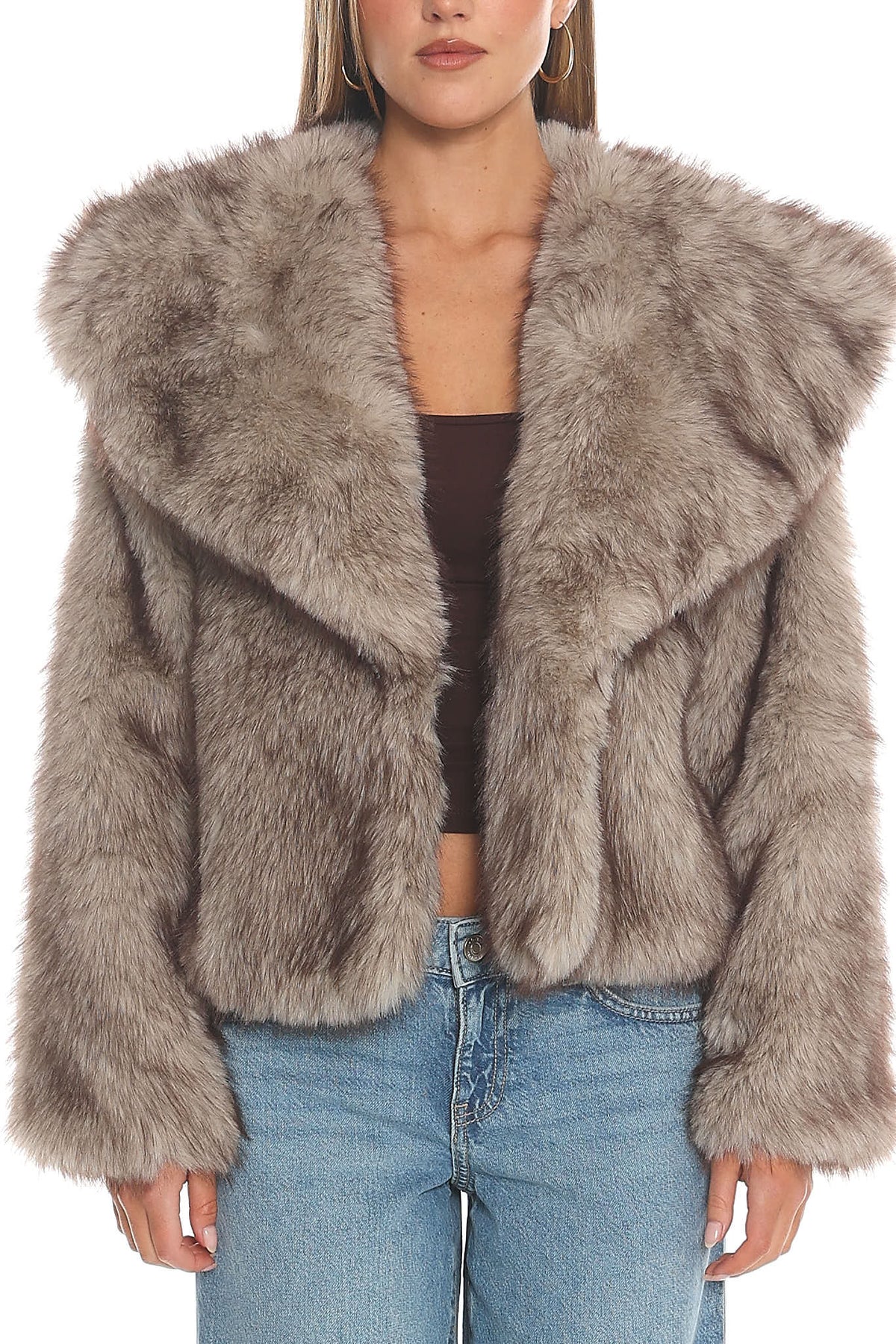 Marella Oversized Lapel Faux Fur Jacket Taupe by Selfie Leslie Australia