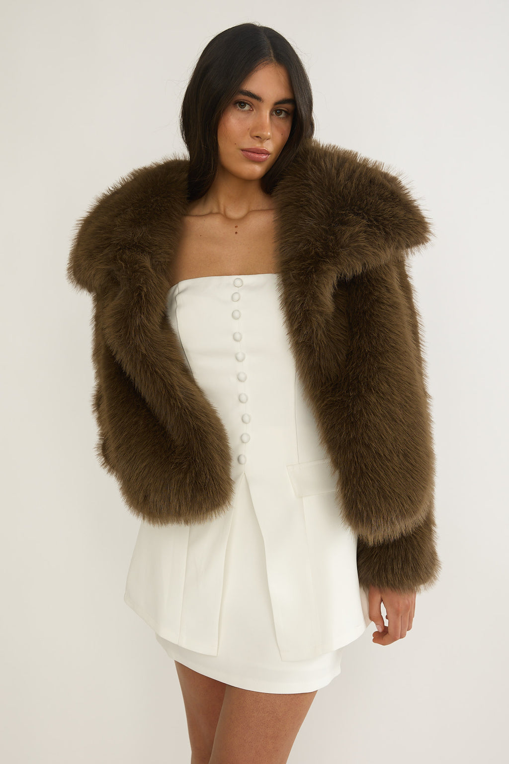 Harlequinn Oversized Lapel Faux Fur Jacket Coffee by Selfie Leslie Australia
