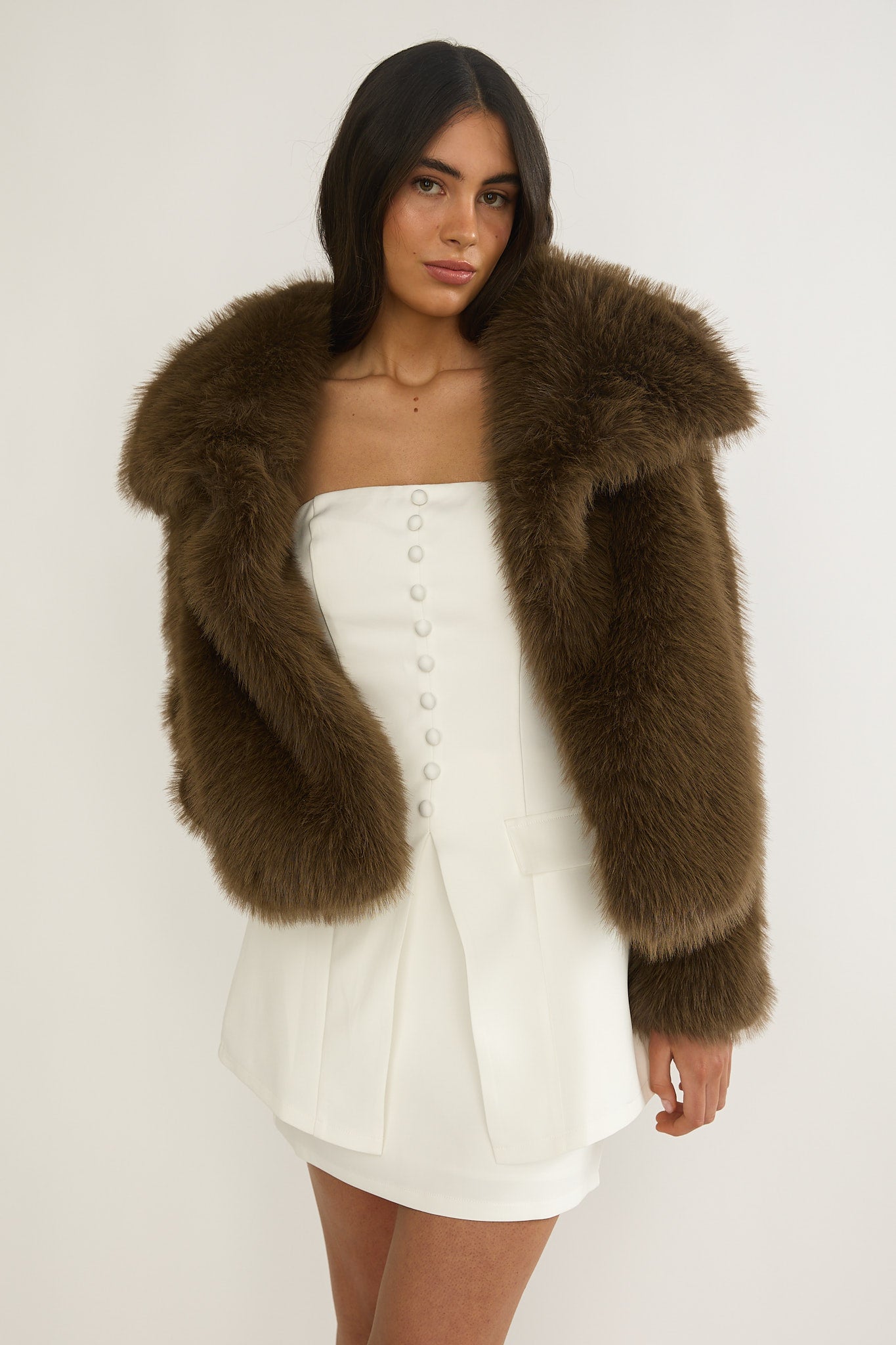 Harlequinn Oversized Lapel Faux Fur Jacket Coffee by Selfie Leslie Australia
