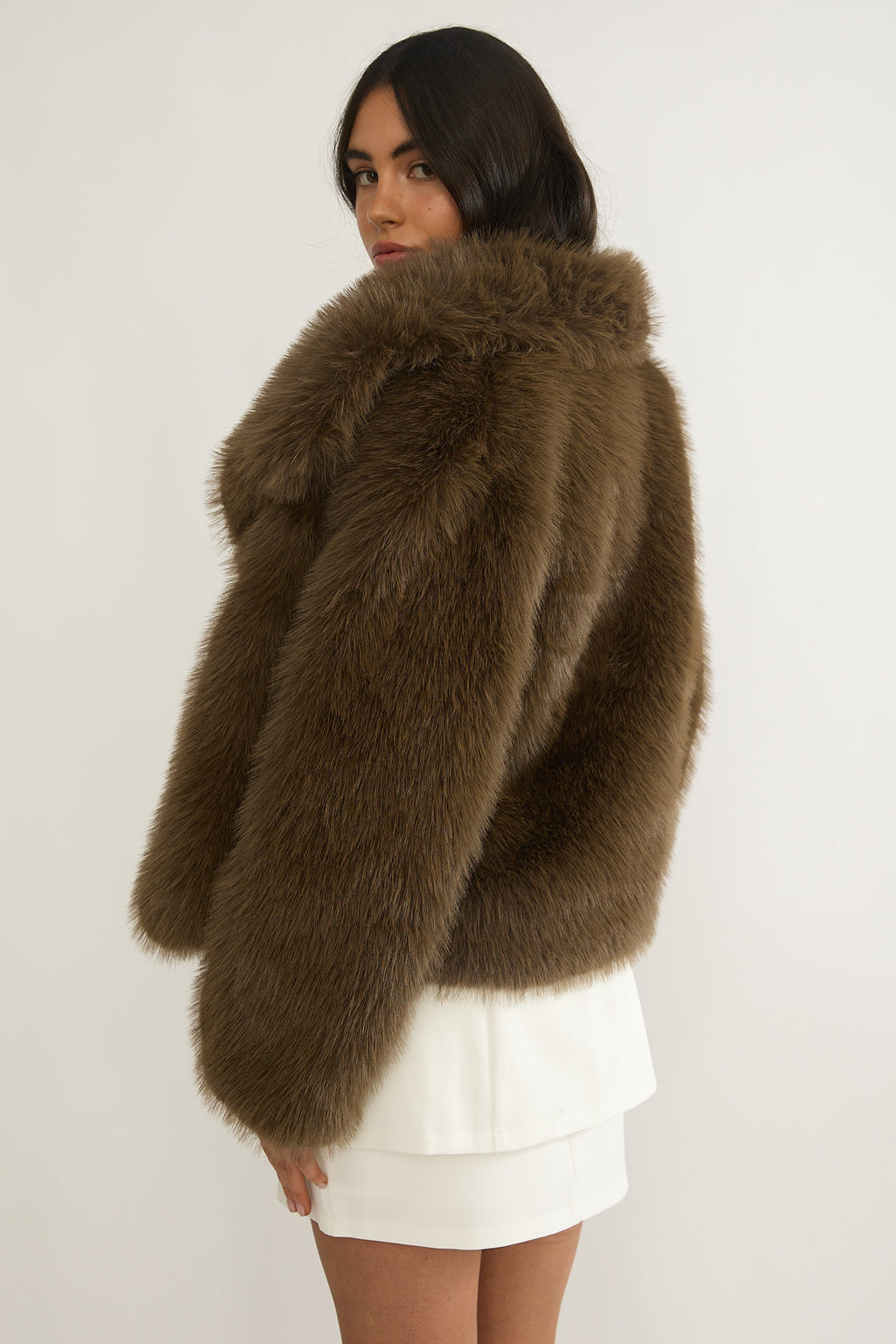 Harlequinn Oversized Lapel Faux Fur Jacket Coffee by Selfie Leslie Australia