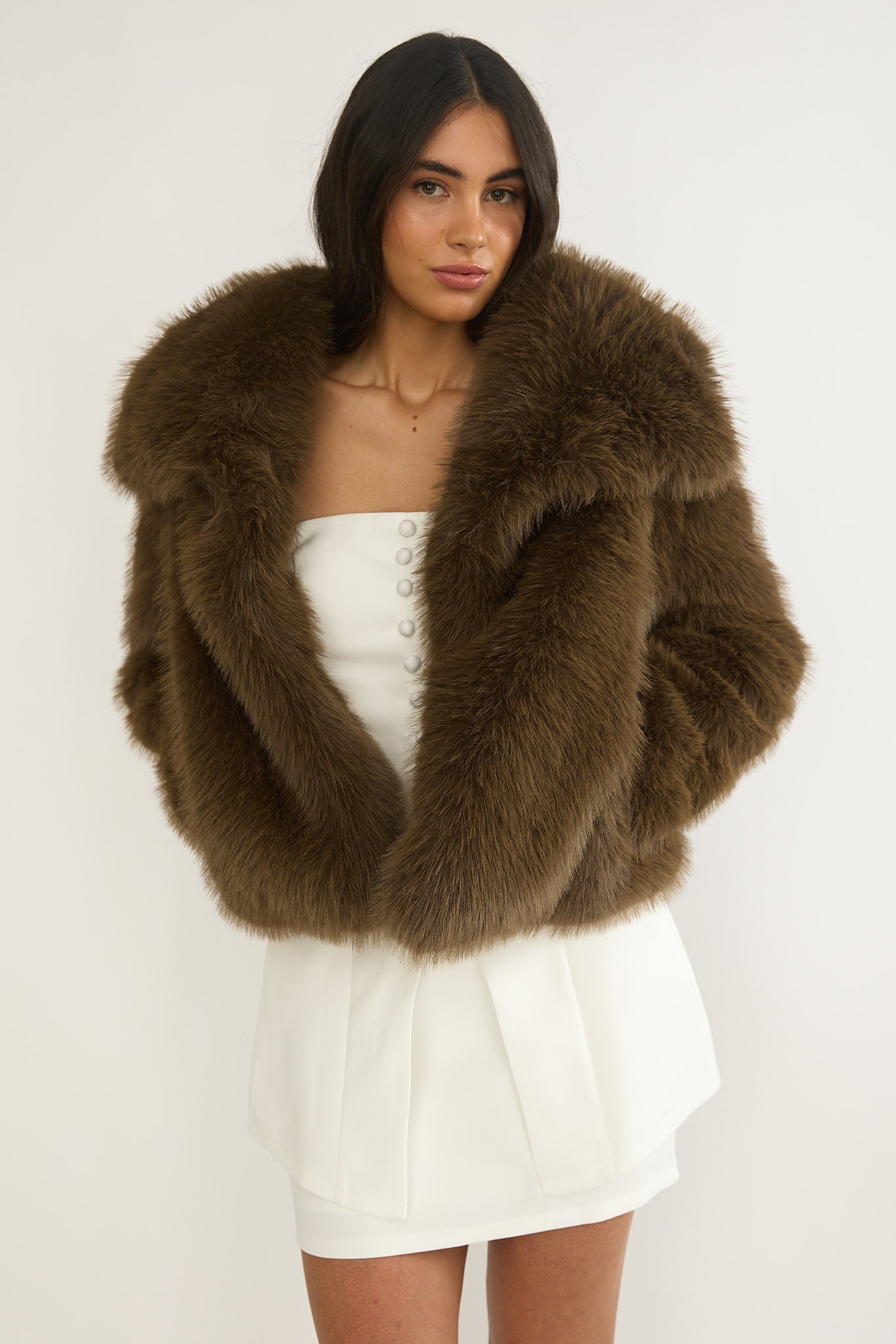 Harlequinn Oversized Lapel Faux Fur Jacket Coffee by Selfie Leslie Australia