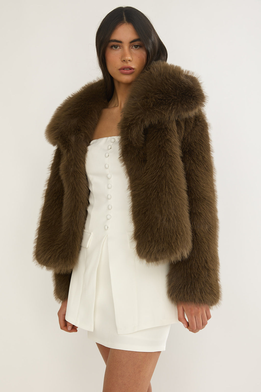 Harlequinn Oversized Lapel Faux Fur Jacket Coffee by Selfie Leslie Australia