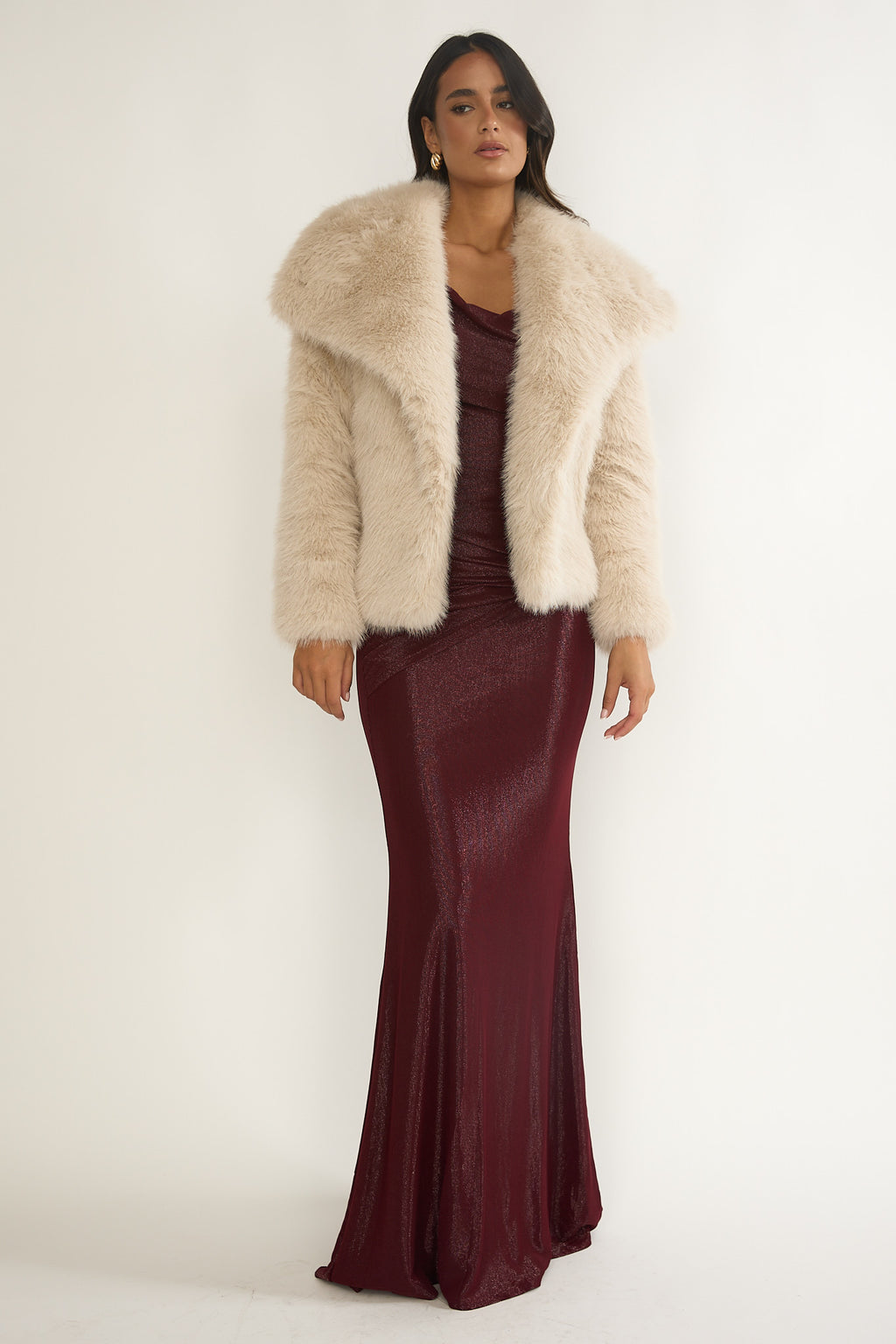 Harlequinn Oversized Lapel Faux Fur Jacket Taupe by Selfie Leslie Australia