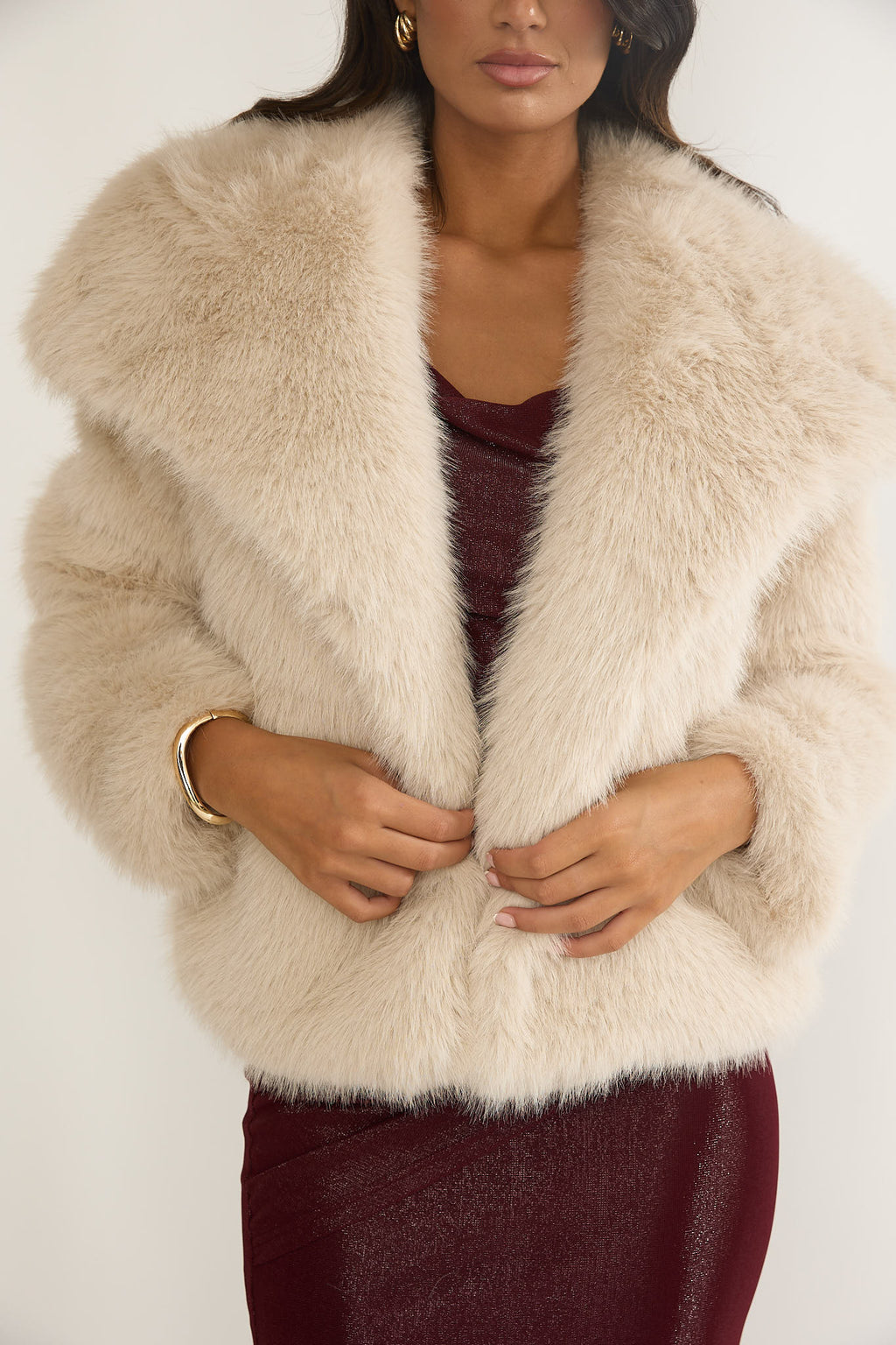 Harlequinn Oversized Lapel Faux Fur Jacket Taupe by Selfie Leslie Australia