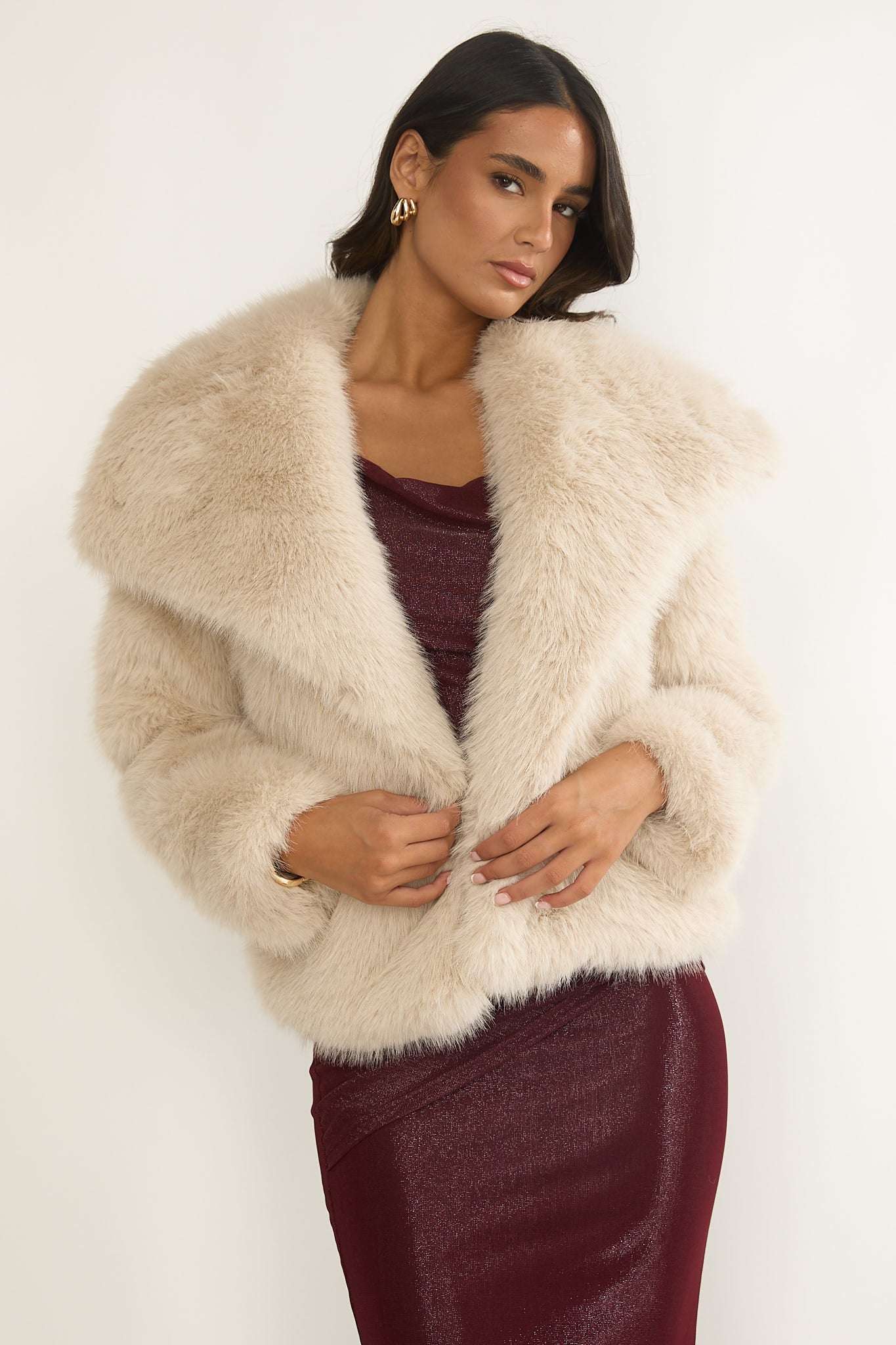 Harlequinn Oversized Lapel Faux Fur Jacket Taupe by Selfie Leslie Australia