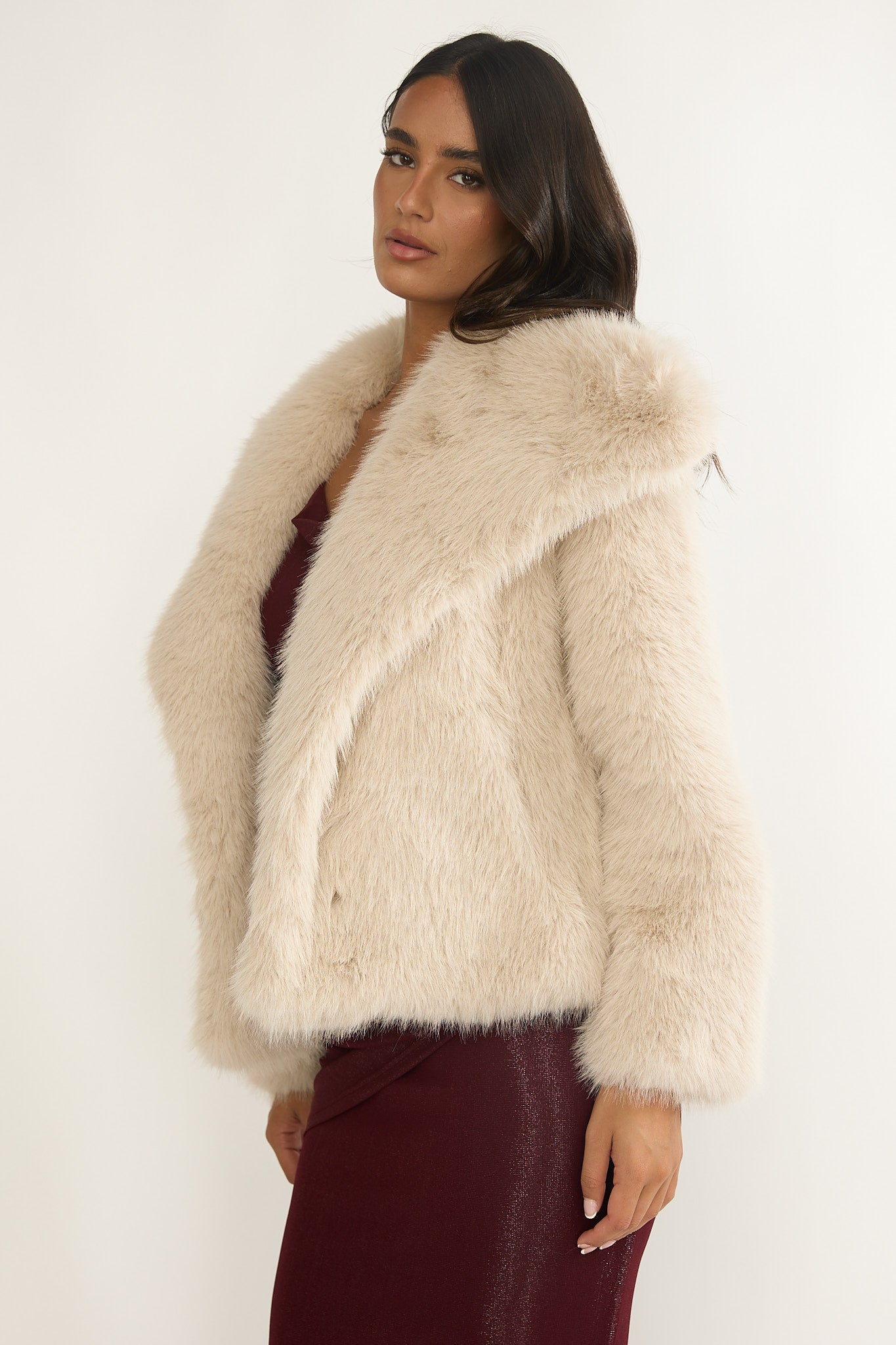 Harlequinn Oversized Lapel Faux Fur Jacket Taupe by Selfie Leslie Australia