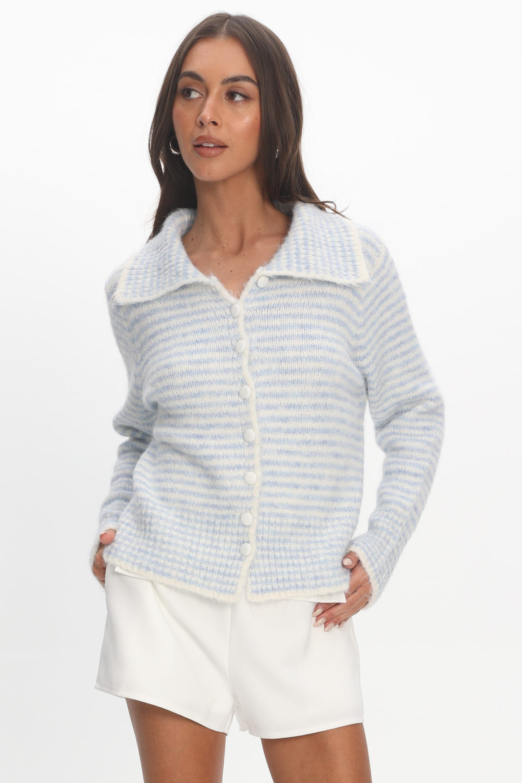 Gavrielle Collared Knit Cardigan Stripe Baby Blue by Selfie Leslie Australia