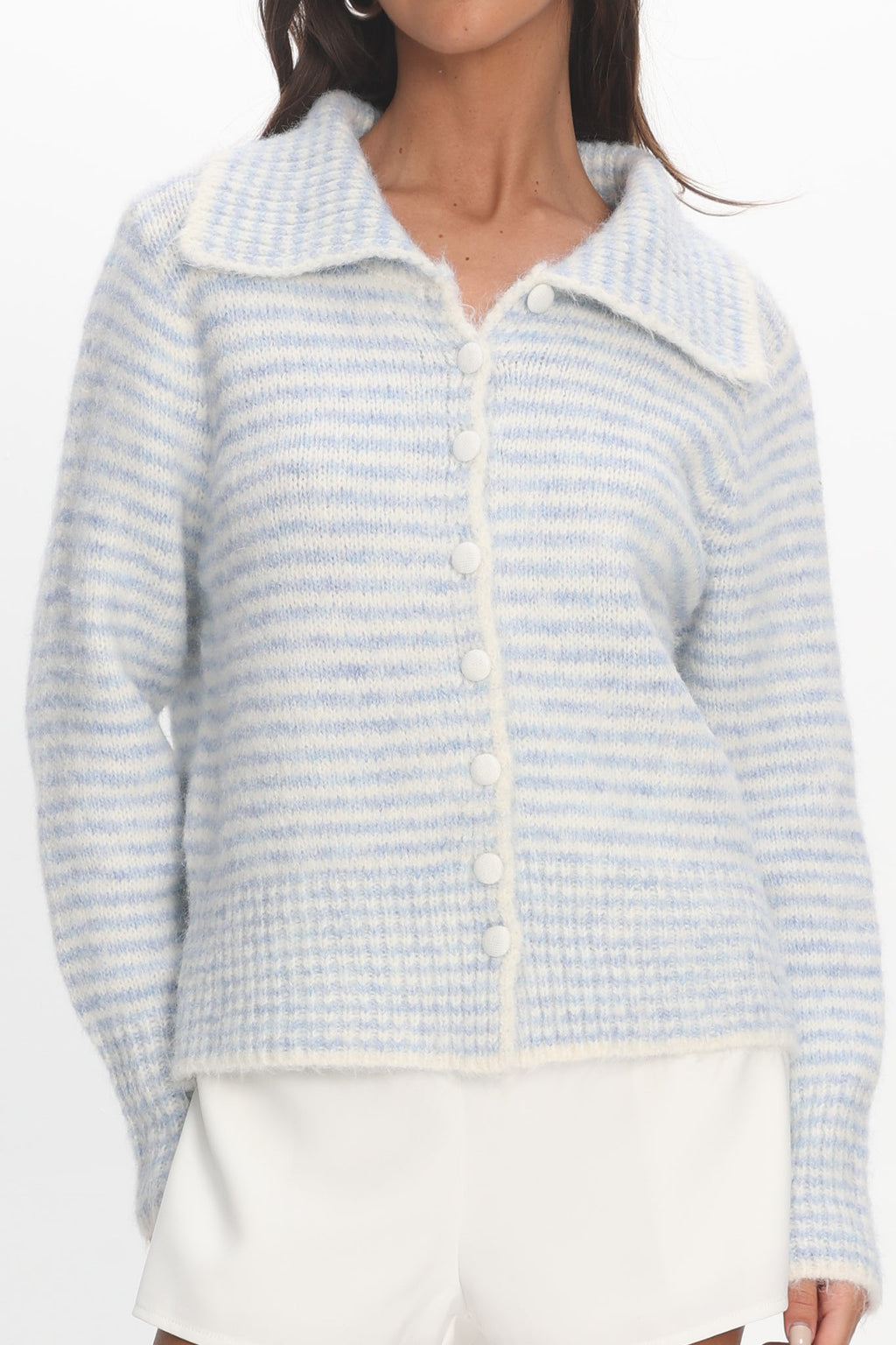 Gavrielle Collared Knit Cardigan Stripe Baby Blue by Selfie Leslie Australia