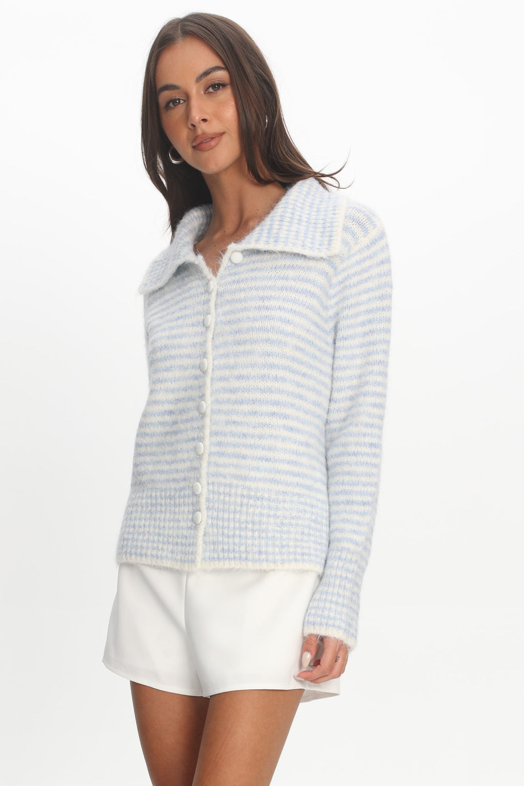Gavrielle Collared Knit Cardigan Stripe Baby Blue by Selfie Leslie Australia