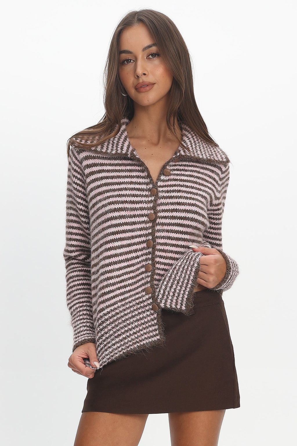 Gavrielle Collared Knit Cardigan Stripe Chocolate by Selfie Leslie Australia
