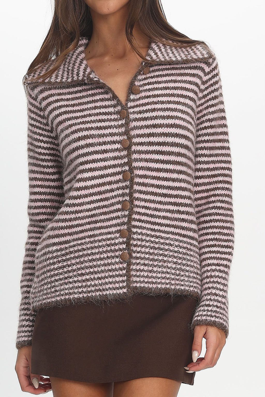 Gavrielle Collared Knit Cardigan Stripe Chocolate by Selfie Leslie Australia