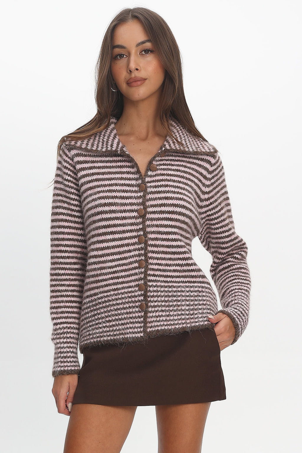 Gavrielle Collared Knit Cardigan Stripe Chocolate by Selfie Leslie Australia